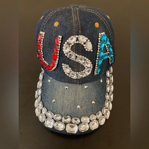 DIY USA Bedazzled Rhinestone Denim American Red White Blue Patriotic Hat